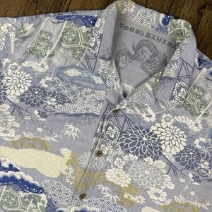 Tommy Bahama Silk Hawaiian Shirt Mens XL Blue Gray Floral Oriental Dragon Zen